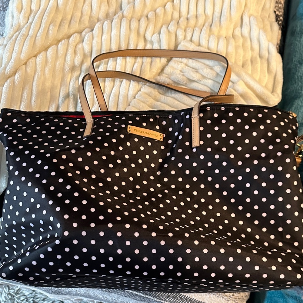 Perfumania Tote with Pink Polka Dots and Tan Straps and black strap